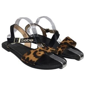 Bebe Leyra Chita Animal Print Mob Wife Rhinestone Ankle Strap Flat Sandal 8.5